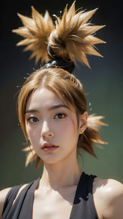 "A hyper-realistic portrait of a beautiful Japanese woman inspired by Temari from Naruto Shippuden, depicted as if she exists in the real world. She has sharp almond-shaped eyes with soft green irises, a confident and calm expression, and subtle yet striki...