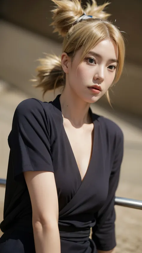 "A hyper-realistic portrait of a beautiful Japanese woman inspired by Temari from Naruto Shippuden, depicted as if she exists in the real world. She has sharp almond-shaped eyes with soft green irises, a confident and calm expression, and subtle yet striki...