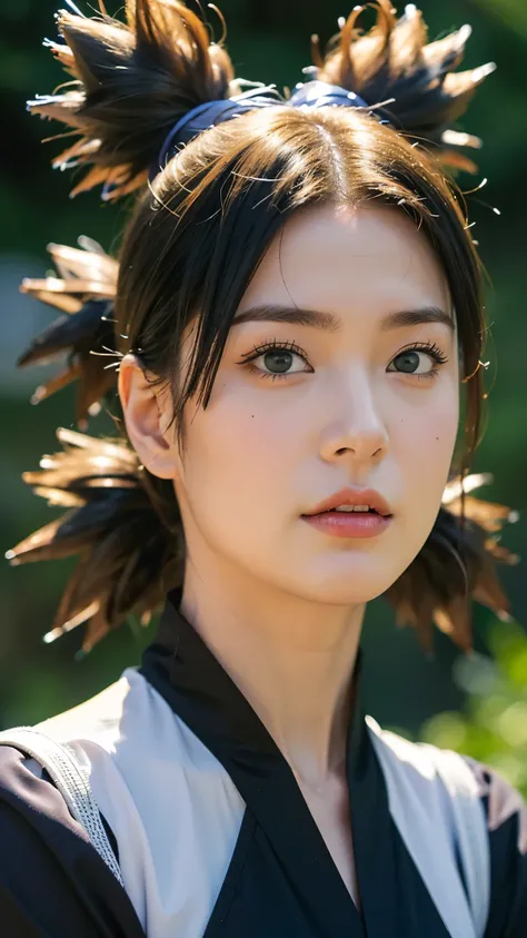 "A hyper-realistic portrait of a beautiful Japanese woman inspired by Temari from Naruto Shippuden, depicted as if she exists in the real world. She has sharp almond-shaped eyes with soft green irises, a confident and calm expression, and subtle yet striki...