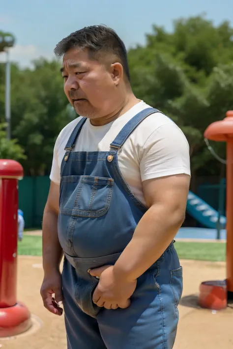 Thick Japan middle-aged man in his 50s, 1man, retarded, He wears a light blue overalls, Bare Thighs, Pampers, shirtsless, ((peeing self, wetting self, pee stains,)), ((trembling, fear expression, scared, looking at viewer)), kindergarten background, It's a...