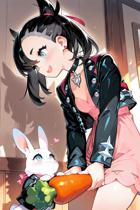 (masterpiece, best quality, good quality), profile, illustration, adorable girl, masterpiece, best quality, high resolution, Marnie, light blue eyes, black choker, red ribbon, pink dress, jewels, black jacket, low-cut outfit, long sleeves, cowboy shot, smi...