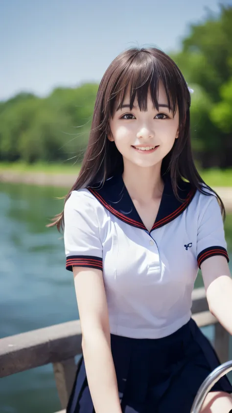 (Close up face shot of one slender small breasts half up brown long hair with bangs girl in short sleeves white school uniform and black skirt with small smile:1.5)、(One girl is riding bicycle on the road along the river in Japan:1.5)、(Blue sky:1.5)、(blurr...