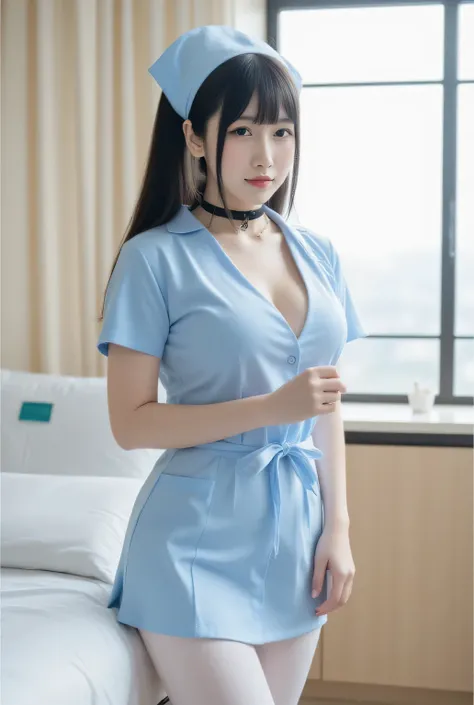 Japanese Nurse, Next to the hospital bed、bending forwardになって笑顔でカメラに話しかける、bending forward、 slim body 、black choker、Light Blue Nurse Clothes、nurse cap、white pantyhose、 Hair、bungs、shot from below, downblouse, Saggy Breasts、Gravity-induced sagging breasts、Pati...