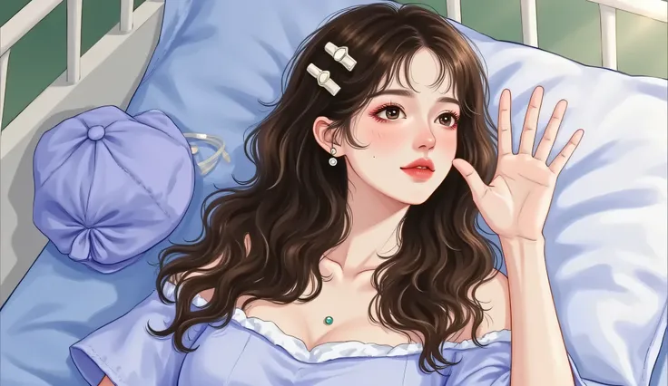 A semi-realistic manhwa-style scene of a young woman lying in a hospital bed, upper body visible, slightly leaning up. She has pale porcelain skin, Douyin-style makeup with teary, wide eyes and soft gradient lips. Her expression is a mix of panic and embar...