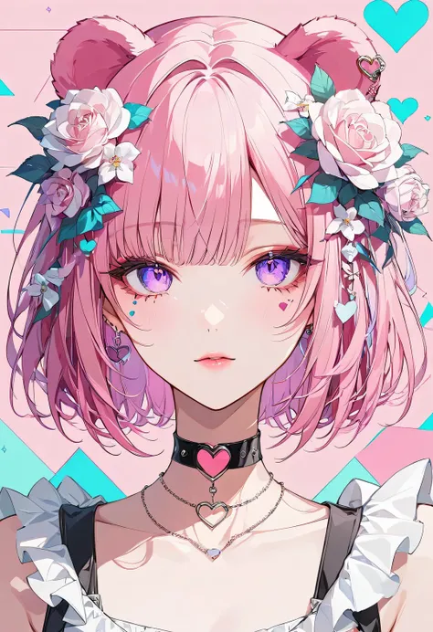 ,beautiful flower々),mole under eye, heart shaped choker, (masterpiece, highest quality), official art, beautiful and aesthetic: 1.2), (1 girl), very detailed, (geometry art: 1.3), colorful、pink bob hair、bear ears、 whole body