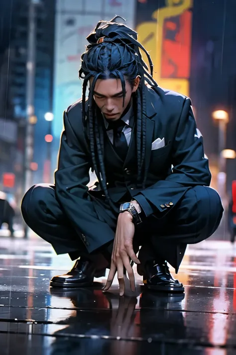 (masterpiece:1.3),(best quality:1.2),8k,absurdres,unity 8k wallpapper,(extremely detailed:1.3),realistic, 1man, delinquent squatting pose, business man suit, black suit and tie, low_angle_human,cloudy gray sky, Shibuya Crossing, empty streets, blurry foreg...