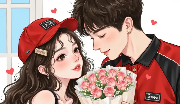 A semi-realistic manhwa-style illustration, close-up of a couple. The male lead is wearing a food delivery uniform (like a fast food delivery worker), short cap, red and black colors, modern and casual. The female lead is in home clothes (comfy loungewear)...