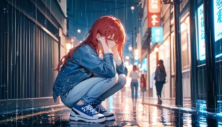 “A shy young woman with red ponytail, white long T-shirt, denim pants, denim jacket, blue sneakers, casual, fashion, small and delicate frame, huddled down, crouching on the rainy ground, head bowed, hands covering her face as if crying, along a rainy rive...