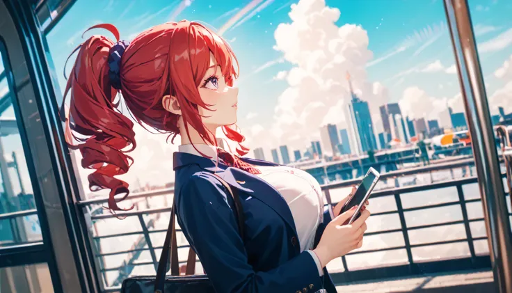 red hair with drills、ponytail、Purple eyes、big breasts、beautiful、 lori、One woman、City train stations、Looking up at the rainbow 、business suit while changing clothes、From the station platform、Rainbow sky、A rainbow in the sky over a woman's shoulder seen from...