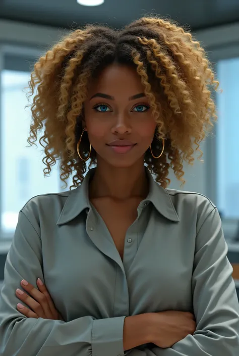 A hyper-realistic portrait of a young black woman (Afro or Afro-Latina descent) with chin-length curly blonde hair and dark roots. Her hair is natural and stylish. She wears smart casual clothes with a slight futuristic edge - clean, minimal, slightly edgy...