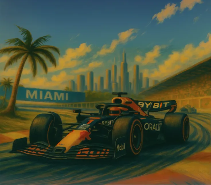 Miami Grand Prix circuit、Redbull RB20 speeding through a high-speed corner、corner Palm trees on the inside、Spectator seats on the outside、Miami buildings in the distance、Miami blue sky and a few white clouds