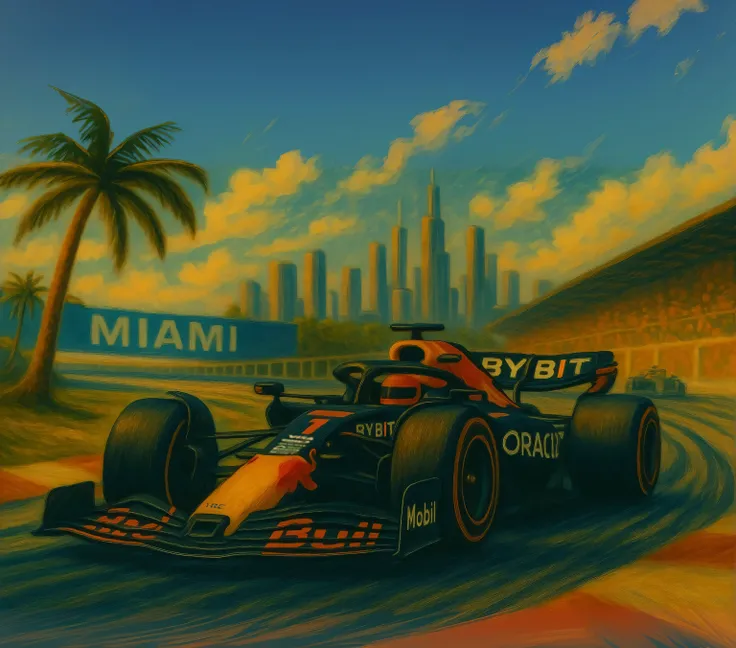 Miami Grand Prix circuit、Redbull RB20 speeding through a high-speed corner、corner Palm trees on the inside、Spectator seats on the outside、Miami buildings in the distance、Miami blue sky and a few white clouds