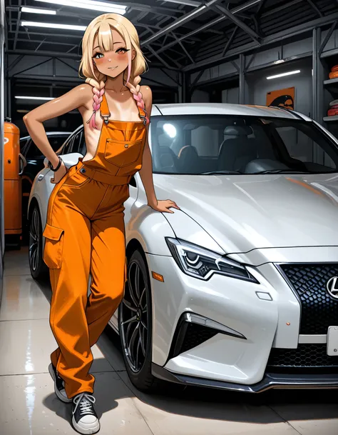 masterpiece, best quality, Highest Quality, score_9, score_8_up, score_7_up, source_manga, ((sexy young girl, improvement, gyaru)), nsfw, attractive, voluptuous, curvaceous, ((braids)), full body, ((orange work clothes)), tan, blush, flushed, long hair, fr...
