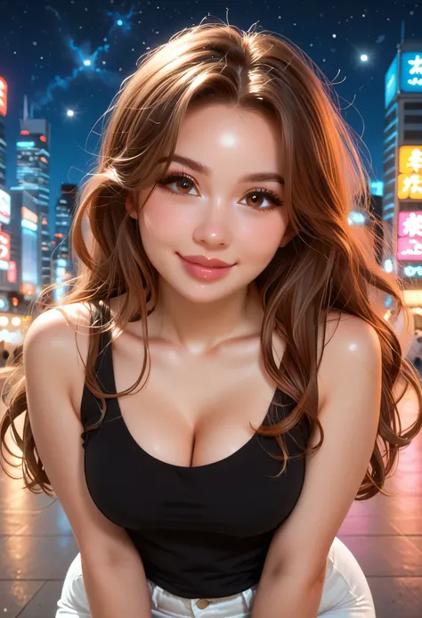 perfect face, perfect body, brown hair, long hair, forehead, brown thin eyebrows, big brown eyes, black eyeliners, blush, nose, round lips, smile, beautiful girl, collarbone, cleavage, medium breasts, black scoop tank top, white pants, standing, (thick thi...