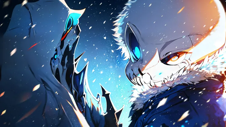 Toby Fox Undertale Sands Blue Jacket ,  Fire Eyes Skull Smile White Short Hair Minus Face Blue Dragonbone Cannon One Person Standing Snow Town Enlarged Super Detailed, high resolution, bright colors, soft lighting

