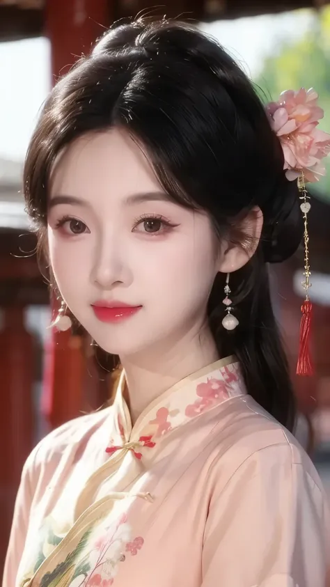 1 beautiful girl,best quality,(painting:1.5),Chest,torii,,depth of field, detailed face ,facial focus,ribbon_trim,(watching the audience:1.25),Smile,Thick lips,Real People,cheongsam