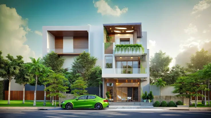 a refined view of a modern house with a car parked in front, idea house , complete house , exterior design , overall architectural design, realistic concept , 3d Vray render, front-view, front elevation view, 3 d render , 3d rendering, frontview, ...