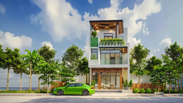a refined view of a modern house with a car parked in front, idea house , complete house , exterior design , overall architectural design, realistic concept , 3d Vray render, front-view, front elevation view, 3 d render , 3d rendering, frontview, ...