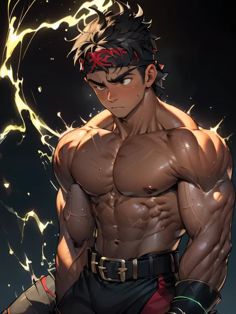 (((masterpiece, best quality, dynamic angle, dynamic pose, acrobatic pose))), (((((Black Background, Dark night, (Depth of field:1.2), steam, upper body, uppercut, rush punch))))), (1boy, Young guy, muscler, Shirtless, topless), ((((Wounded, exhausted, sol...