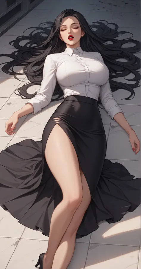  Sexy Japanese Woman, long hair:1.4, black hair, closed eyes, dark eyes, red lipstick, ((extremely large unbelievably large breasts)), curvilinear, violently torn white formal shirt, violently torn black skirt, black formal jacket that was violently torn a...