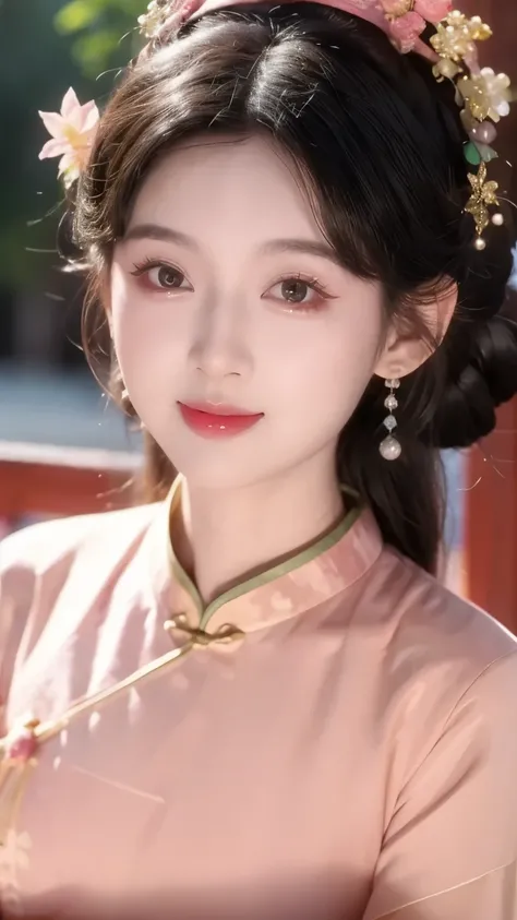 1 beautiful girl,best quality,(painting:1.5),Chest,torii,,depth of field, detailed face ,facial focus,ribbon_trim,(watching the audience:1.25),Smile,Thick lips,Real People,blue cheongsam