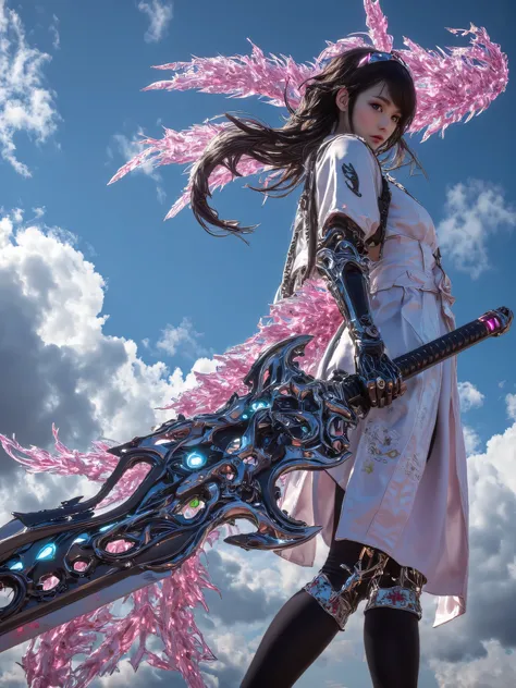beautiful 8K resolution masterpiece equipped with a large sword,to show a female character standing in a scene with the sky in the background,A。combines dynamic lighting and flat colors、creates an enchanting visual experience。