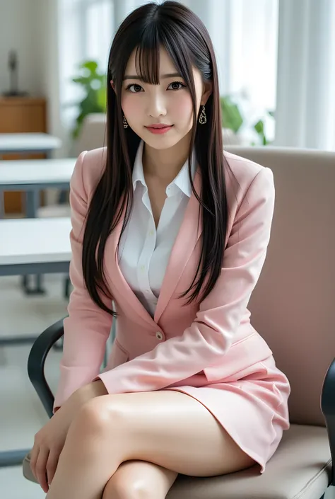 (full body image:1.5), (From the top of her head to the tips of her feet :1.5), (太ももからhigh heelsにかけての脚線美:1.5), Sleek long black hair , Professional Office Lady with Long Dark Hair, is sitting in a chair with her legs crossed, The height of the chair is 60...