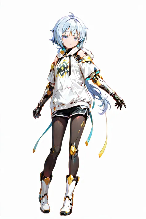 high resolution、High Quality、detailed, solo、 simple eyes 、full body、、girl、Hooded Short Sleeve Hoodie with Open Shoulders、casual outfit、Thick-soled boots、black pantyhose、low ponytail、Clothes modeled after the galaxy、shorts、The right hand and right arm ar...