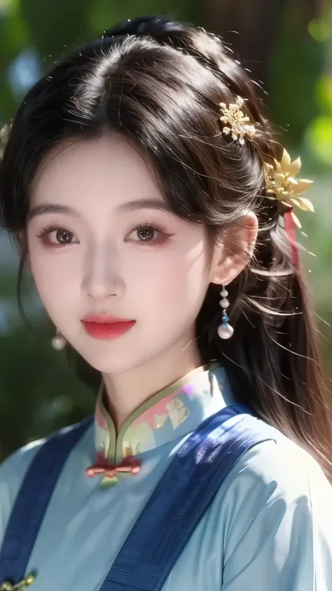 1 beautiful girl,best quality,(painting:1.5),Chest,torii,,depth of field, detailed face ,facial focus,ribbon_trim,(watching the audience:1.25),Smile,Thick lips,Real People,blue cheongsam