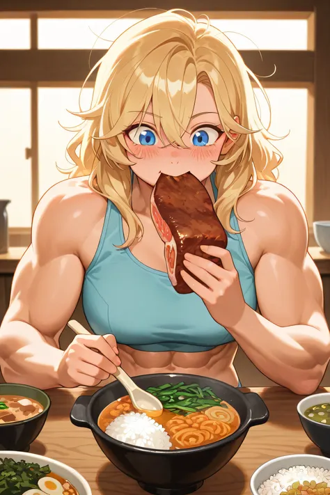 tall muscular blonde woman, athletic and powerful build, defined six-pack abs, wearing a sleeveless tank top or sports bra, sitting at a table filled with food, eating enthusiastically, cheerful and lively expression, long messy blonde hair, next to her is...