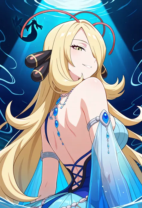 (masterpiece),(best quality),(ultra-detailed),(best illustration),(best shadow),(absurdres),(detailed background),(very aesthetic),pokemoncynthia, blonde hair, hair ornament, hair over one eye, long hair, yellow eyes, medium breaests, upper body, pov, sedu...