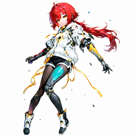 high resolution、High Quality、detailed, solo、 simple eyes    、full body、、girl、Hooded Short Sleeve Hoodie with Open Shoulders、casual outfit、Thick-soled boots、black pantyhose、low ponytail、Clothes modeled after the galaxy、shorts、The right hand and right arm ar...
