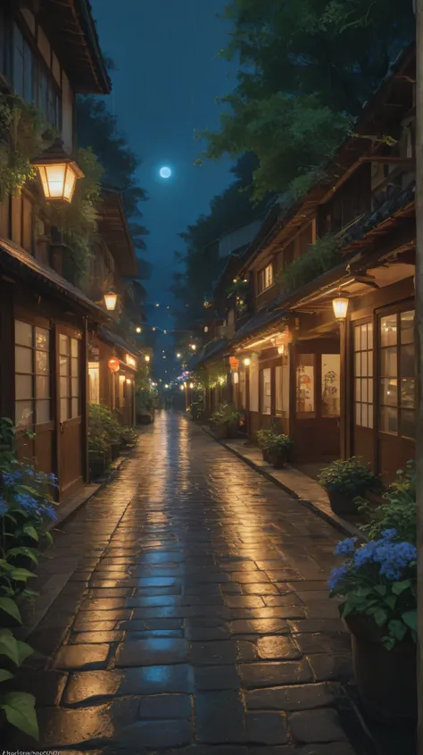 Rainy night scene, traditional Japanese street, stone pavement reflecting streetlights, warm glowing lanterns, wooden buildings with tiled roofs, lush green plants and vibrant pink and blue flowers in pots lining the street, falling raindrops creating ripp...