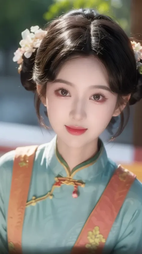 1 beautiful girl,best quality,(painting:1.5),Chest,torii,,depth of field, detailed face ,facial focus,ribbon_trim,(watching the audience:1.25),Smile,Thick lips,Real People,blue cheongsam