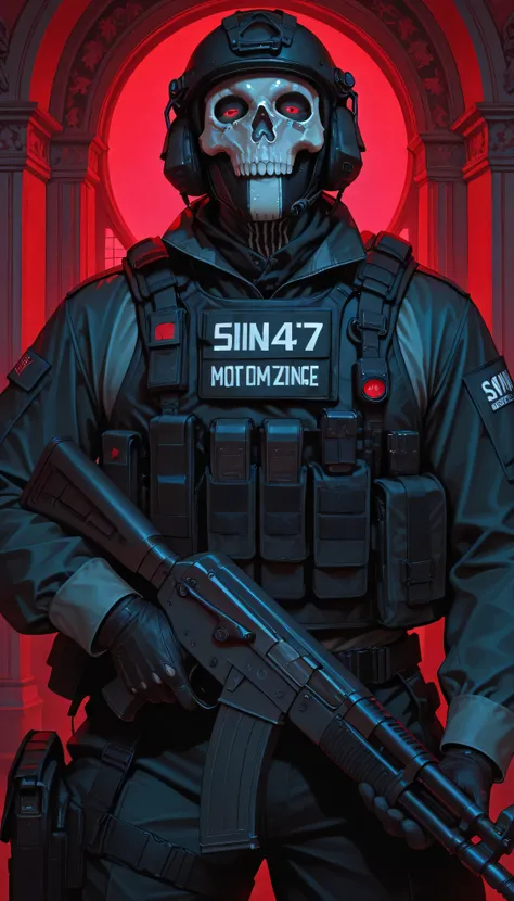 masterpiece, best quality, amazing quality, hyper-detailed, newest, very aesthetic, 1man, simon_riley, skull_mask
military uniform/tactical gear/gun/load bearing vest/helmet, mansion background, red light, ak-47