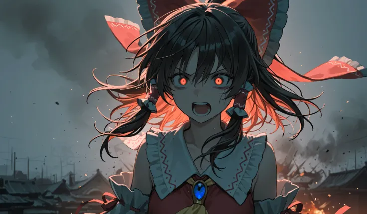 Draw Hakurei Reimu、 Hair、Wearing Hakurei Reimu's shrine maiden costume、's astonished expression、Screaming in the form of desperation、they open their eyes wide and shout、(((Underexpose Lighting)))))、dark atmosphere、Beautifully delicate eyes,best quality, lo...