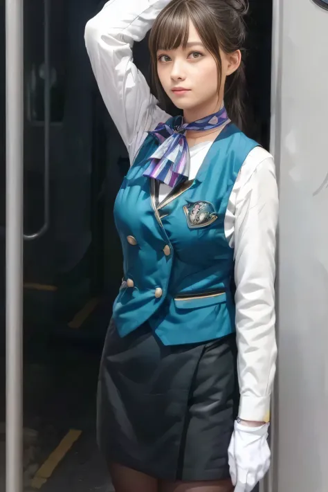 (masterpiece:1.2, Highest Quality :1.2), 32kHDR, Kampala, (alone、 1 girl on break day)、(what 、 professional light )、In-flight background、( realistic style wearing a Nankai Electric Railway crew uniform )、(( Nankai train crew uniform green vest ))、(( Nan...