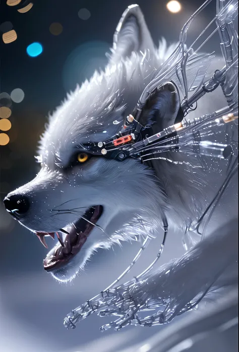  mesmerizing realistic photo of a (cybernetic wolf figure made entirely of luminescent and translucent materials from another world:1.05) (trying to pull artificial skin over cybernetic implants :1.2), transparent body, veins with red liquid, bones and hea...