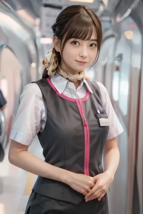 (masterpiece:1.2, Highest Quality:1.2), 32kHDR, high resolution, (alone、one girl)、( station platform waiting for streetcars、Professional Writing)、Empty station platform waiting for streetcars background 、( Realistic style of JR GranClass Attendant Uniform...