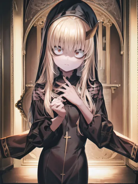 1 , nun, long hair, blonde hair, beautiful face, sunny, masterpiece, exquisite details, perfect anatomy, pray , perfect fingers