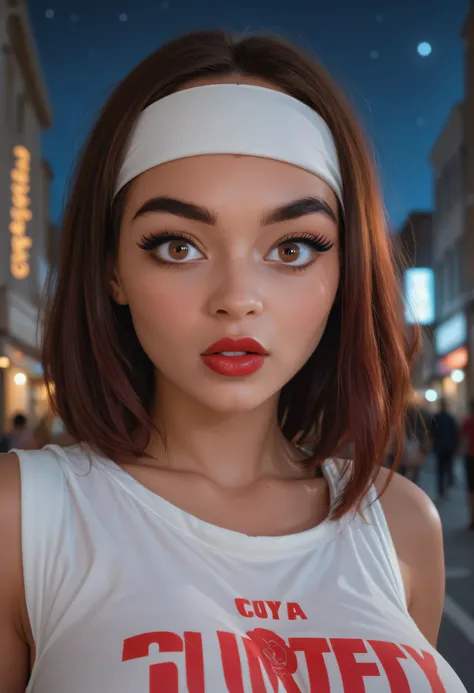 night sky, city street, (female african, colored skin, brown skin), perfect face, straight hair, red hair, white headband, black eyebrows, thick eyebrows, black eyelashes, black eyeliners, big eyes, light brown eyes, bright red lips, thick lips, (surprised...