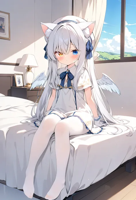 long hair,Silver Hair, girl,Cat ears,alone,Heterochromia(Left blue right yellow),white robe(gold stripes),long white dress,white pantyhose,Western European style, Wings ,room,white gloves,white beret,standing,Long bangs,Blue sky,Contempt,Sole,without shoes...