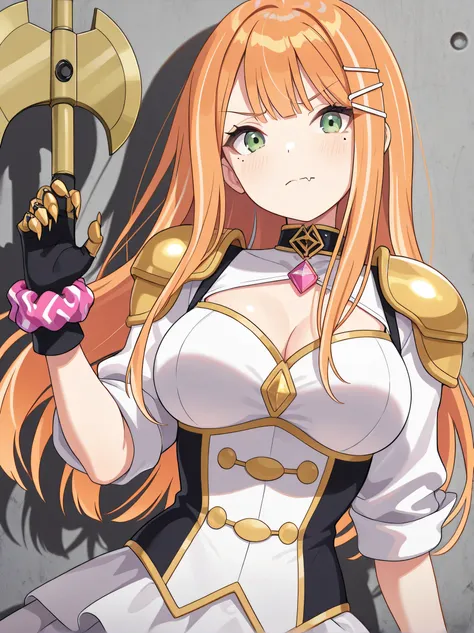 (masterpiece),(best quality),(ultra-detailed),(best illustration),(best shadow),(absurdres),(detailed background),(very aesthetic),1girl, shiun sumika, green eyes, long hair, wrist scrunchie, jewelry, orange hair, hairclip, mole under eye, large breasts, s...