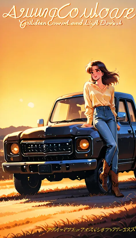 Retro-style country album cover, a young rugged man in jeans and cowboy boots leaning against a vintage Silverado truck at sunset, soft golden hour light, open fields in the background, romantic and nostalgic atmosphere, warm tones, southern Americana vibe...