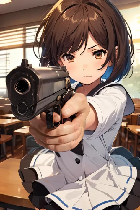 1 girl, Hair、bob cut、sailor dress、Crouch down and hold a gun with both hands、anime、high detail, brown eyes in the bedroom