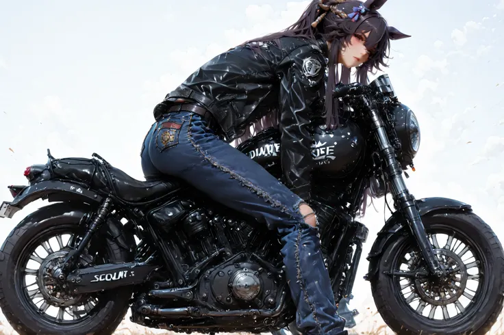 masterpiece、Narita Brian(Uma Musume)、yabuki、High Quality、8K、1 girl, Scout Bobber, Leather jacket, denim pants, ride motorcycle