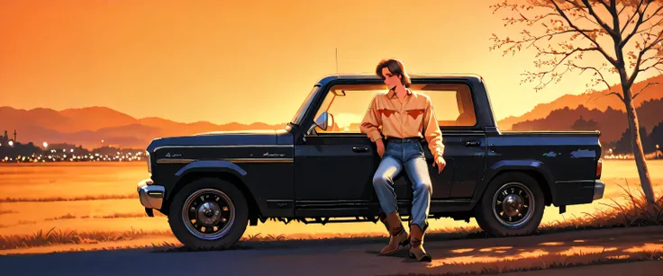 Retro-style country album cover, a young rugged man in jeans and cowboy boots leaning against a vintage Silverado truck at sunset, soft golden hour light, open fields in the background, romantic and nostalgic atmosphere, warm tones, southern Americana vibe...