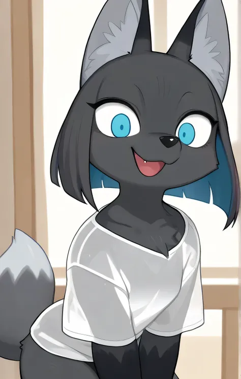 in, Highest Quality, masterpiece、no human,、cartoon、female skemo、style is good、Fox、OL、transparent shirt、transparent black fur、blue eyes、Summer Sunshine