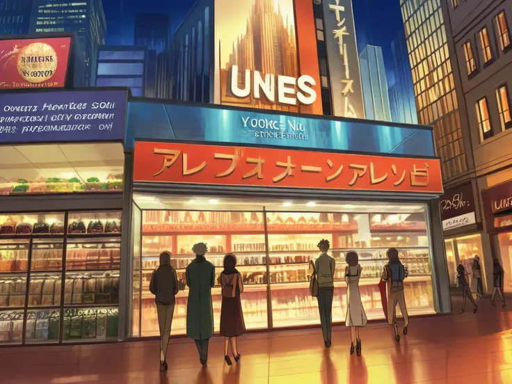 New York street with several stores, cafeterias, shopping, movimentada, luzes, buildings, por do sol. Anime and gacha style