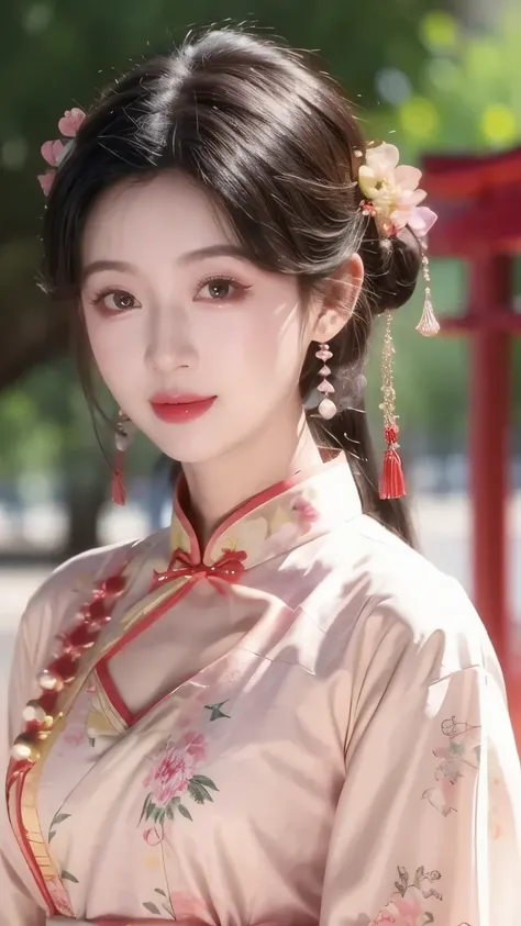 1 beautiful girl,best quality,(painting:1.5),Chest,torii,,depth of field, detailed face ,facial focus,ribbon_trim,(watching the audience:1.25),Smile,Thick lips,Real People,colorful cheongsam